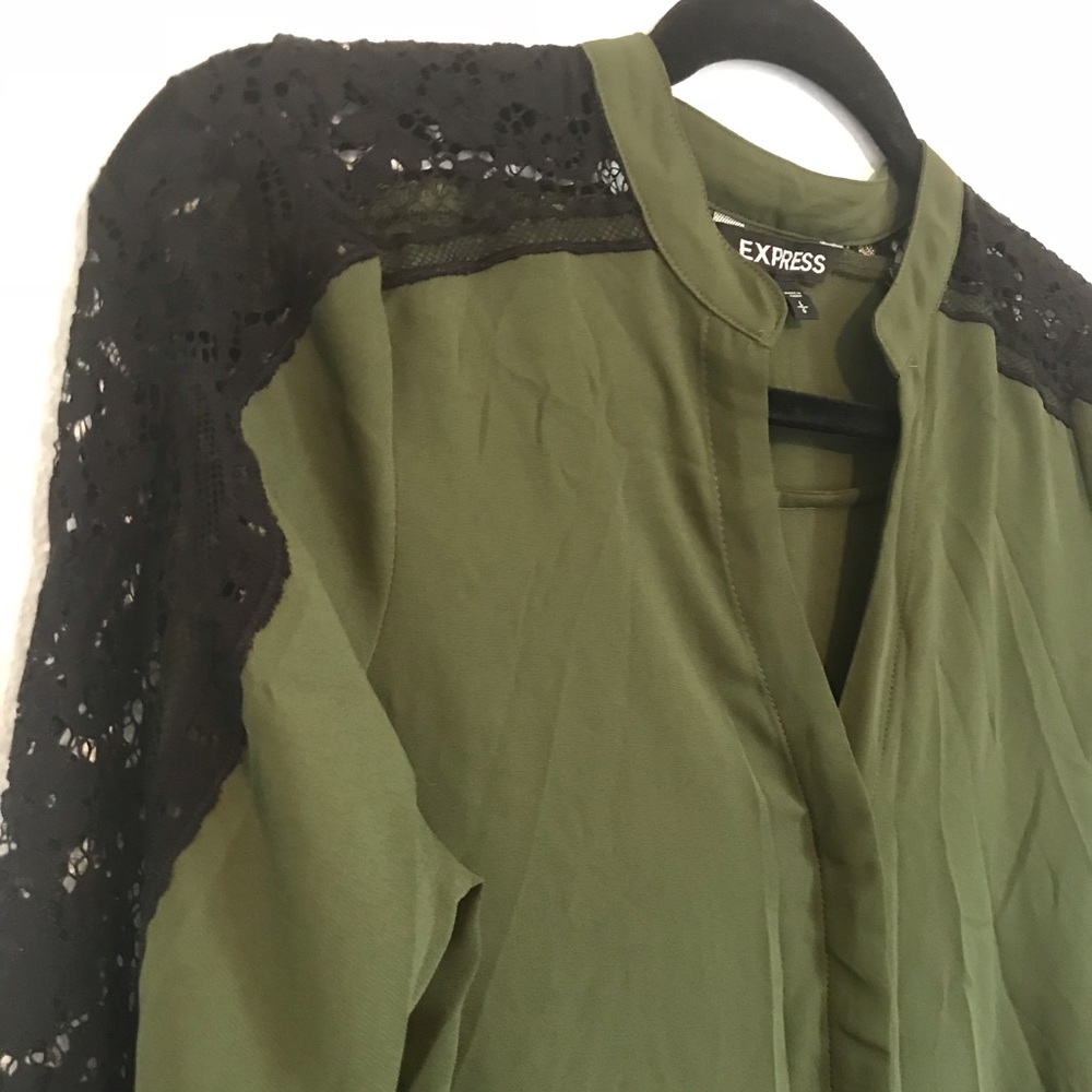 Express Olive Button Down With Lace - image 6